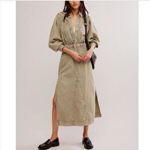 NEW FREE PEOPLE Mad Love Denim Midi Dress Sage Large